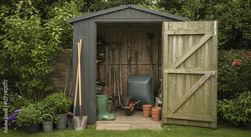 Small garden shed with various tools, with the door open