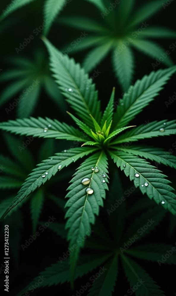 Close-up of vibrant cannabis leaves with droplets of water, perfect for health, wellness, and botanical design projects. Close-up of vibrant cannabis leaves with droplets of water, perfect for health, wellness, and botanical design projects.