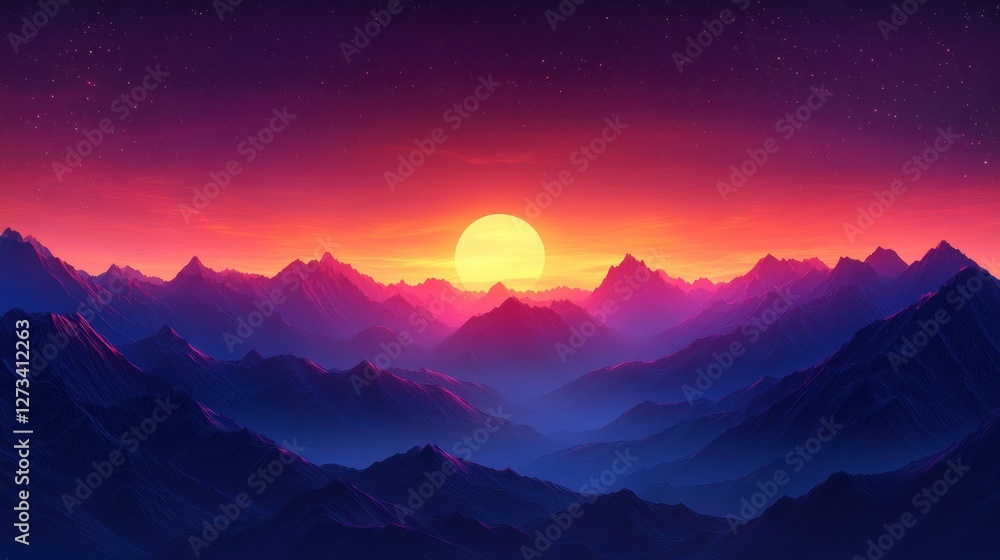 Obraz premium Sunrise over vibrant mountains, starry night sky background