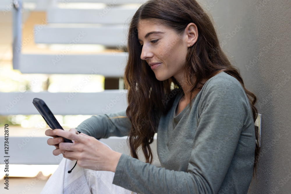 woman sitting on stairs at home, using smartphone and focusing on screen woman sitting on stairs at home, using smartphone and focusing on screen
