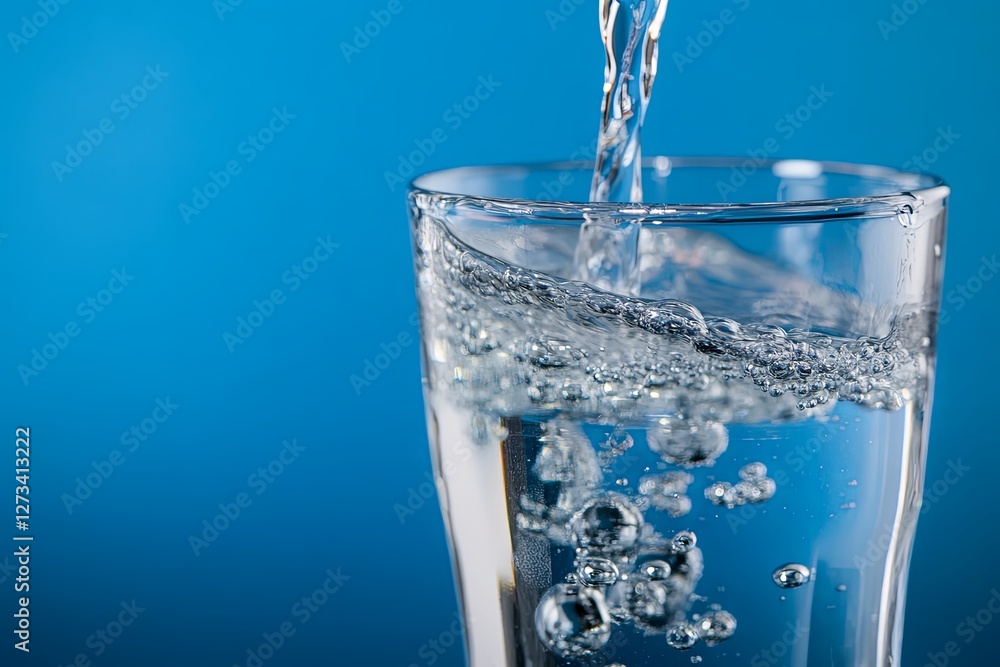 Fresh water being poured into a transparent glass with bubbles on a reflective surface against a blue background. Concept of hydration, purity, and freshness. Fresh water being poured into a transparent glass with bubbles on a reflective surface against a blue background. Concept of hydration, purity, and freshness.