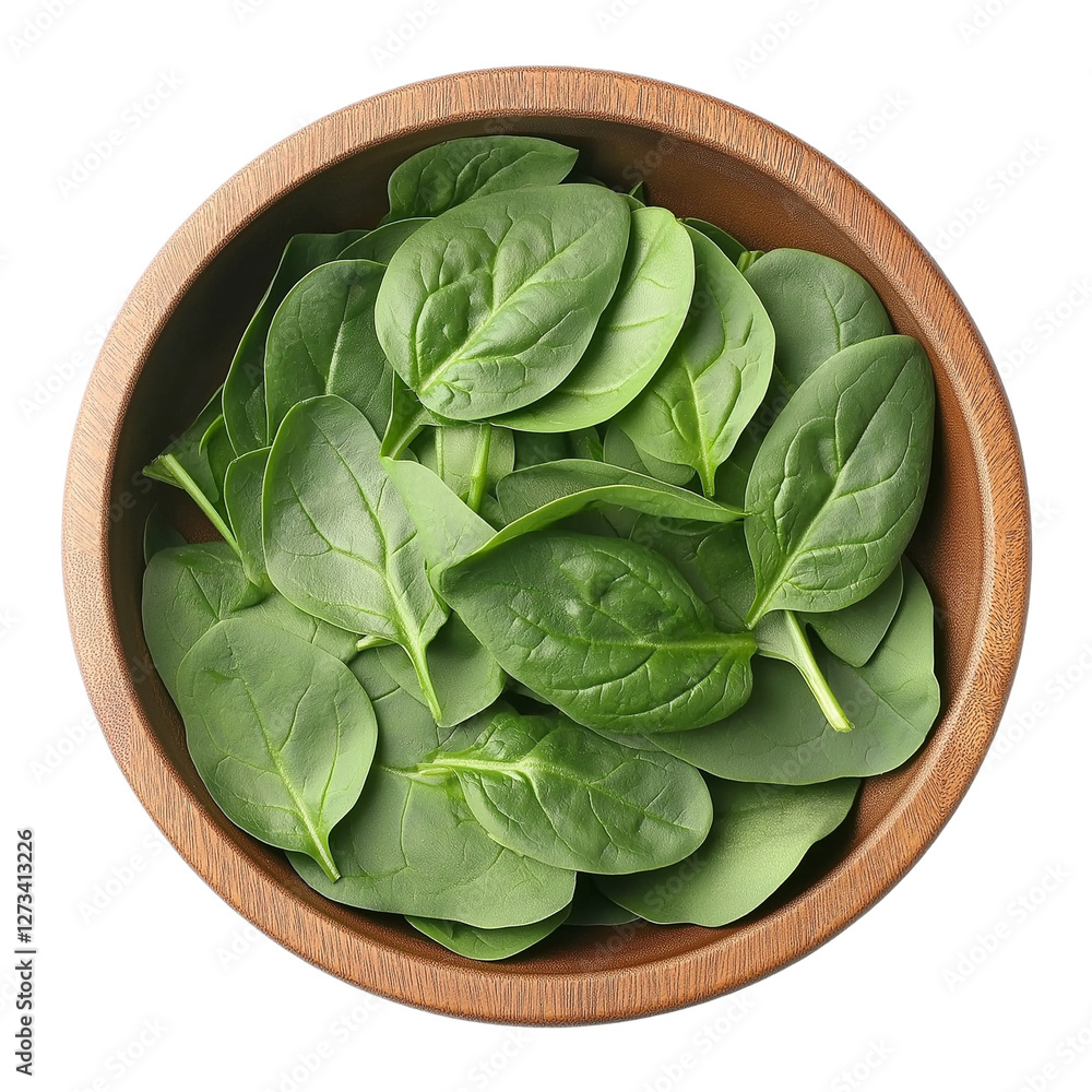 fresh spinach leaves in a wooden bowl isolated on transparent white background, clipping path fresh spinach leaves in a wooden bowl isolated on transparent white background, clipping path