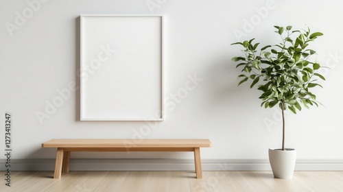 Wallpaper Mural This serene image showcases a blank white frame and a lush green plant, creating an atmosphere of calmness, inviting creativity and personalization. Torontodigital.ca