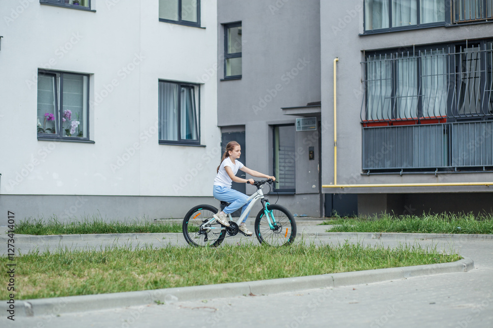 Child riding bicycle in residential area on a sunny day Child riding bicycle in residential area on a sunny day