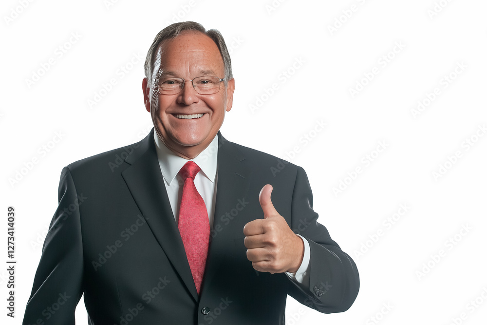 A cheerful businessman giving a thumbs-up gesture, dressed in a well-fitted black suit, white dress shirt, and a classic red tie, isolated on a white background A cheerful businessman giving a thumbs-up gesture, dressed in a well-fitted black suit, white dress shirt, and a classic red tie, isolated on a white background