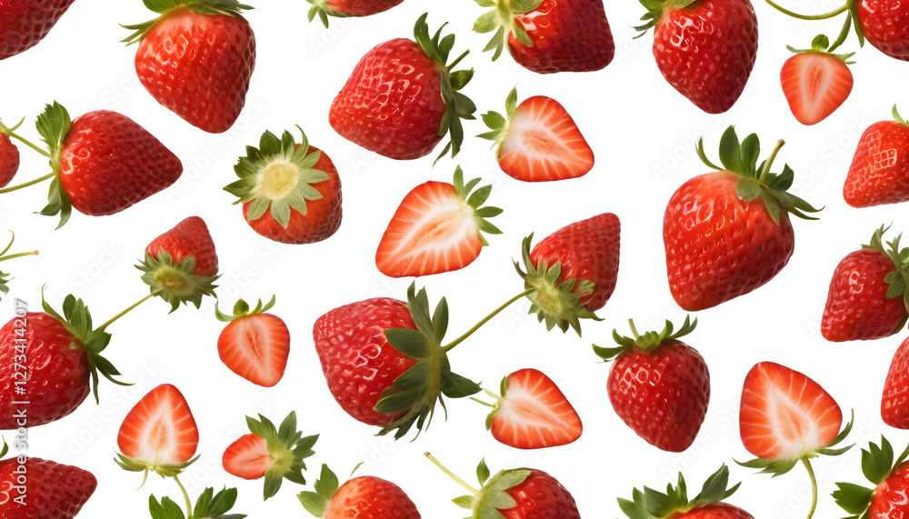 Seamless pattern of fresh strawberries with red berries, green leaves, and a white background, showcasing juicy, ripe, and sweet fruit in a natural, closeup style perfect for summer and desserts Seamless pattern of fresh strawberries with red berries, green leaves, and a white background, showcasing juicy, ripe, and sweet fruit in a natural, closeup style perfect for summer and desserts