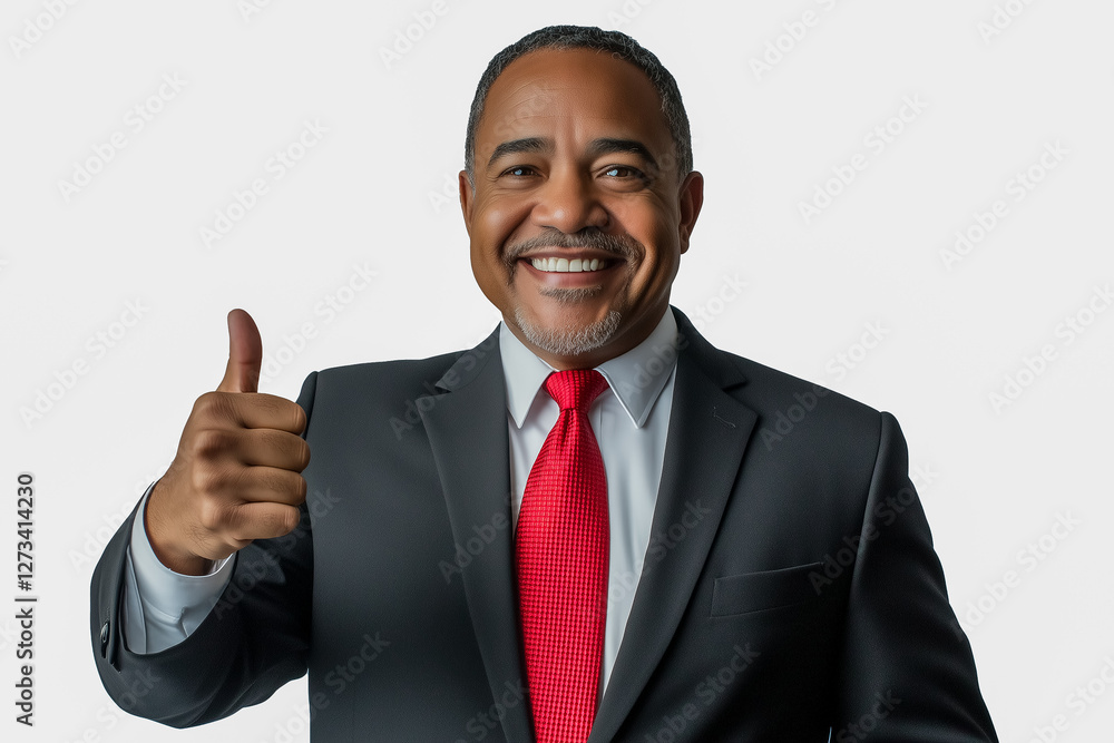 A cheerful businessman giving a thumbs-up gesture, dressed in a well-fitted black suit, white dress shirt, and a classic red tie, isolated on a white background A cheerful businessman giving a thumbs-up gesture, dressed in a well-fitted black suit, white dress shirt, and a classic red tie, isolated on a white background