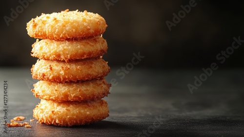 A towering stack of crispy fried fritters, showcasing goldenbrown perfection and irresistible crunchiness photo