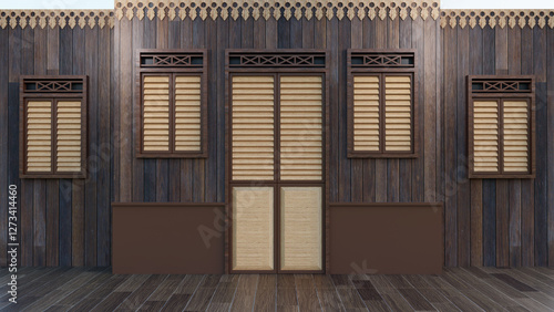 Bilde på lerret 3d illustration backdrop betawi jakarta traditional decoration door and windows wood construction decoration for advertising banner printing