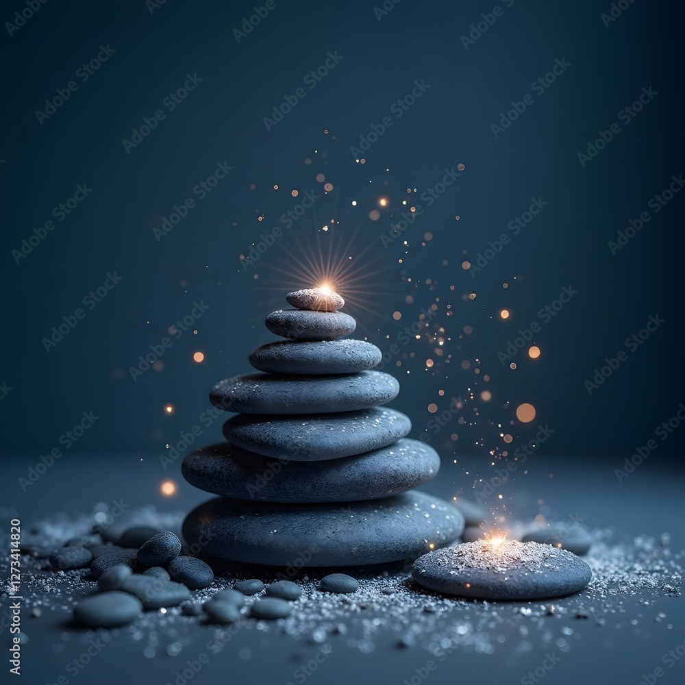 Obraz premium Luminous Pebble Display: Futuristic Studio Setup on Navy Blue Sparkle