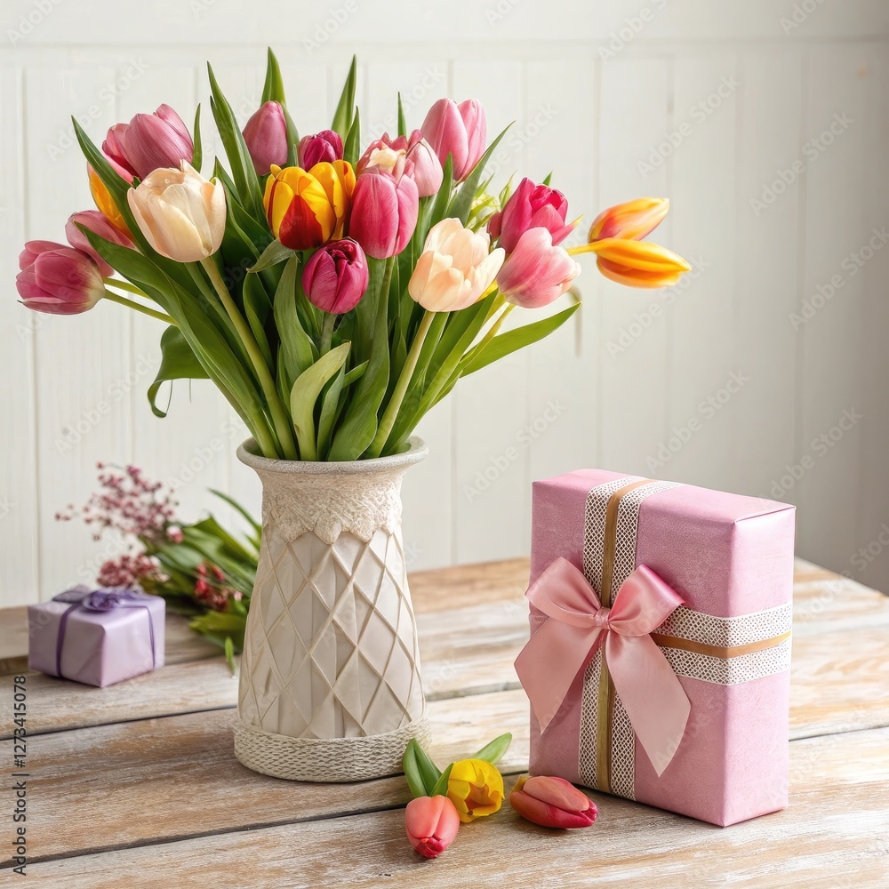 Fototapeta premium Beautiful Spring Tulips in White Vase with Gifts