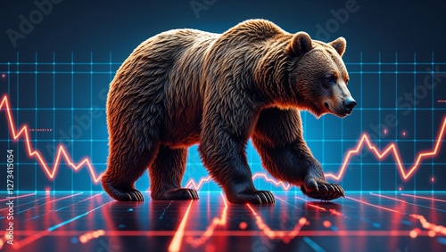 A bear walks across a digital graph with red lines, symbolizing a bearish market trend in finance. 