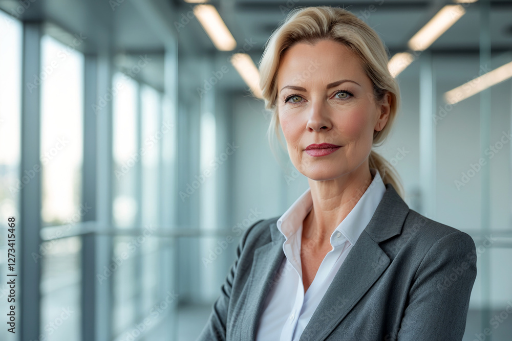 Confident senior Dutch businesswoman with neutral expression standing confidently in modern office background Confident senior Dutch businesswoman with neutral expression standing confidently in modern office background