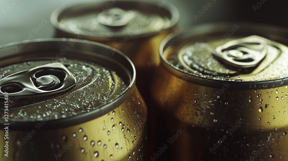 Golden Aluminum Cans Close-Up Photography: Refreshing Beverage Image Golden Aluminum Cans Close-Up Photography: Refreshing Beverage Image