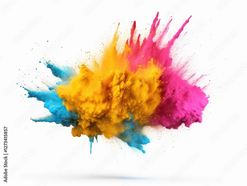 Fototapeta premium Colorful powder explosion, studio shot, dynamic action, marketing content, isolated on white background