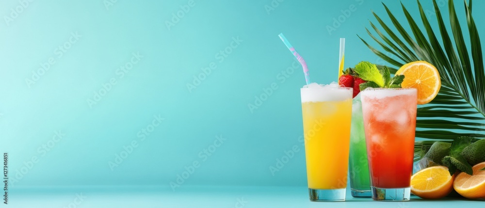 Fototapeta premium Refreshing Tropical Drinks with Straws and Palm Leaves on Blue Background