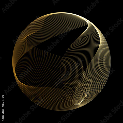 Abstract vector round shape of wavy lines flowing smooth curve gold gradient light on black background in concept of luxury, technology, science, music, modern.