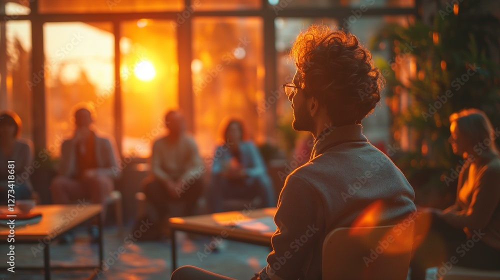 Fototapeta premium Silhouette of a Person at Sunset During a Group Meeting or Therapy Session