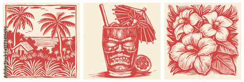 Vector set of tropical illustrations in woodcut style. Features island, tiki drink, and flower. Great for summer, vacation, and tropical designs.