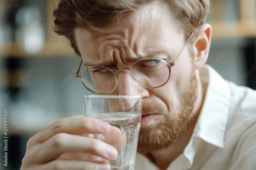 Man smells water showing displeased expression clearly. Man smells water showing displeased expression clearly.
