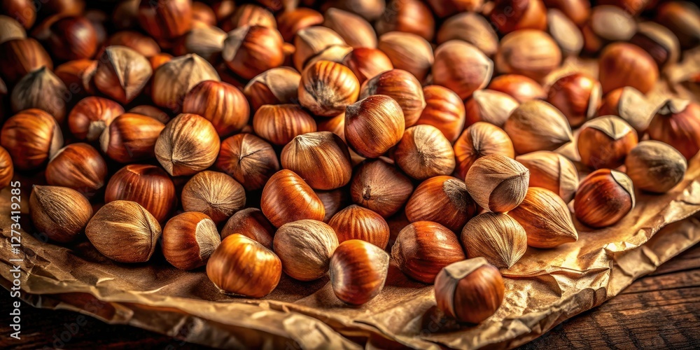 Rustic brown paper cradles shelled hazelnuts, bathed in long-exposure light. Rustic brown paper cradles shelled hazelnuts, bathed in long-exposure light.