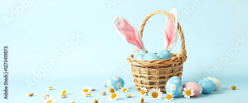 Easter banner template with Easter eggs and flower on light blue background.Greetings and presents for Easter Day .Promotion and shopping template for Easter ,Copy Space photo