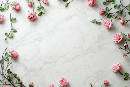 Pink roses arranged on a marble background, creating an elegant and romantic floral composition.