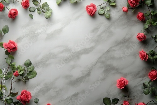 Red roses arranged on a textured marble background, creating a romantic and elegant floral composition.