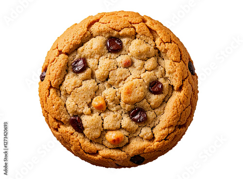 Crispy golden chocolate chip cookie with crunchy texture and baked perfection, close-up macro shot of a delicious sweet treat