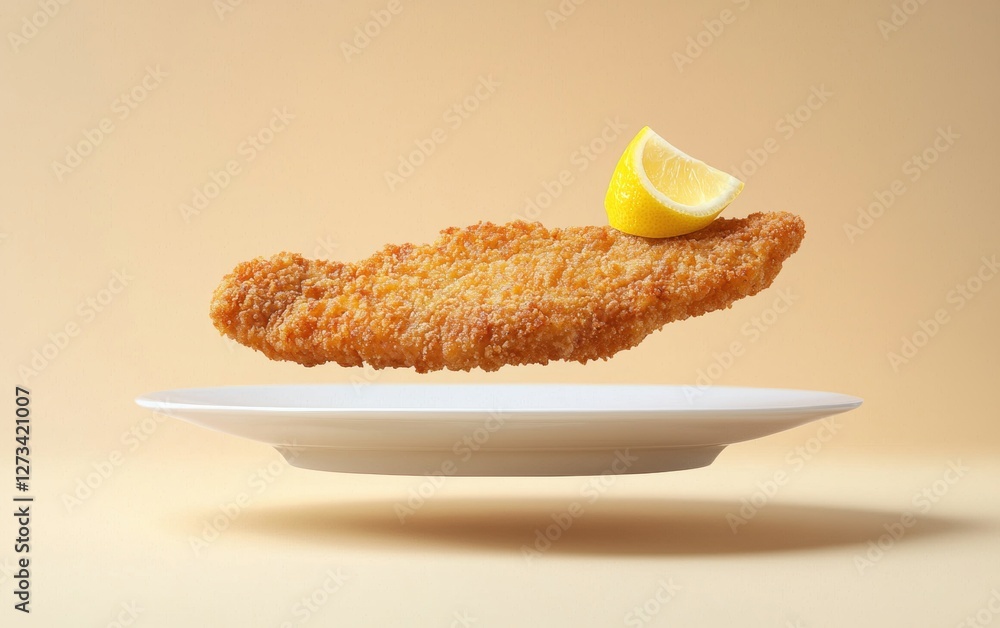 Levitating plate of German schnitzel with lemon wedge, isolated on a pastel background Levitating plate of German schnitzel with lemon wedge, isolated on a pastel background