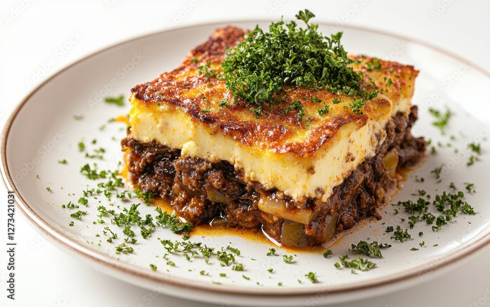 Levitating plate of Greek moussaka with golden cheese topping, isolated on a white background Levitating plate of Greek moussaka with golden cheese topping, isolated on a white background