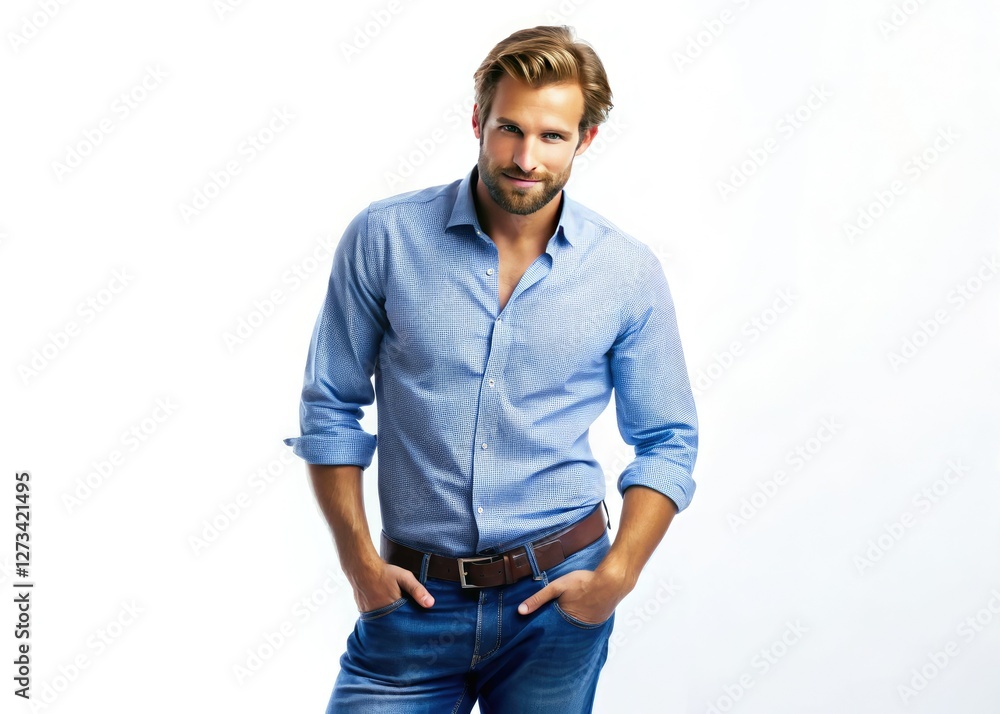 Sharp portrait of a man in stylish jeans and a crisp shirt, showcasing casual menswear. Sharp portrait of a man in stylish jeans and a crisp shirt, showcasing casual menswear.