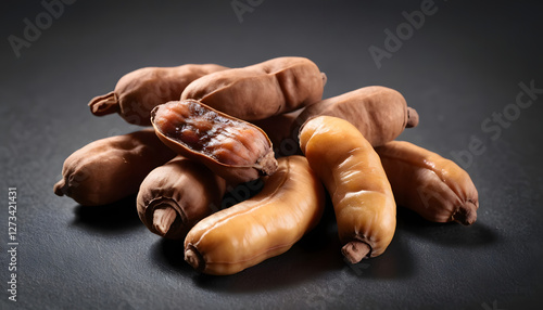 Ripe tamarind on black-gray background