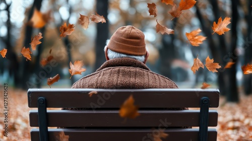An elderly man is captured sitting on a bench in a park, surrounded by swirling autumn leaves, creating a serene atmosphere that conveys peace and solitude amid nature's beauty.