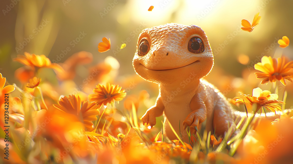 Cute Lizard 3D Illustration in Flowers Cute Lizard 3D Illustration in Flowers
