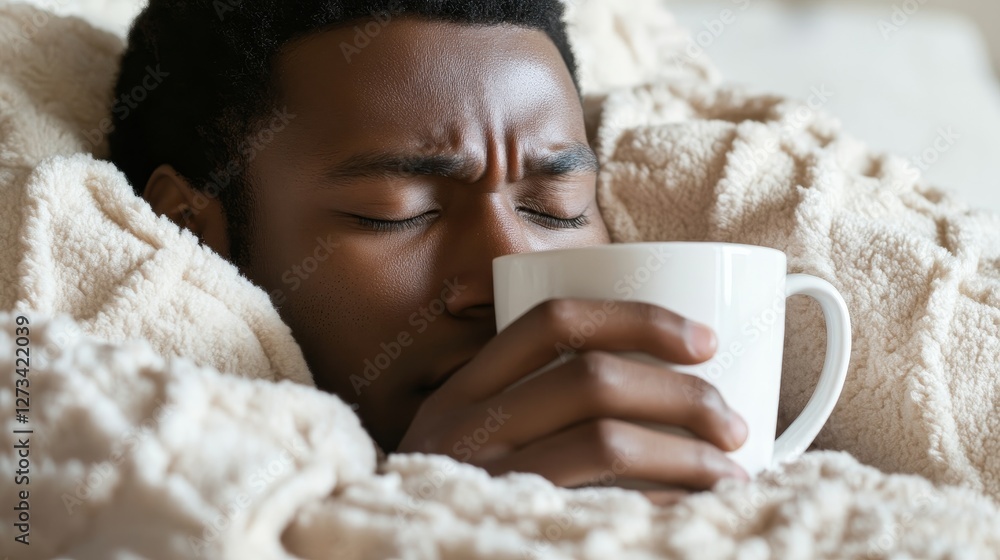 Man sipping warm drink cozy indoors relaxing. Man sipping warm drink cozy indoors relaxing.