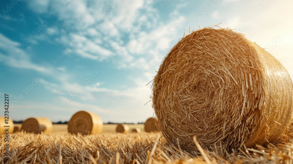 Round bales of hay scattered in a sunlit field, embodying the essence of autumn harvest season and rural agricultural life under a vast blue sky. Round bales of hay scattered in a sunlit field, embodying the essence of autumn harvest season and rural agricultural life under a vast blue sky.