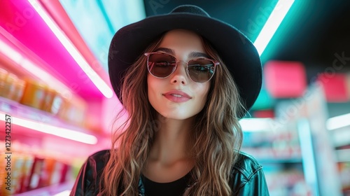 A fashionable young woman poses confidently in sunglasses surrounded by a vivid, colorful backdrop, highlighting a blend of modern styles and fashion elements. photo