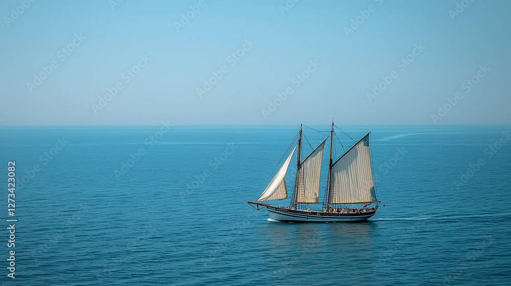 Sailing boat cruising calm ocean under a clear blue sky, perfect for travel promotion Sailing boat cruising calm ocean under a clear blue sky, perfect for travel promotion