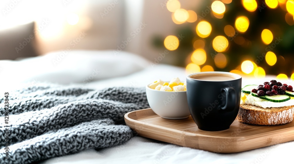 Cozy bedroom setup featuring warm drinks and snacks on a tray with soft knit blanket Cozy bedroom setup featuring warm drinks and snacks on a tray with soft knit blanket