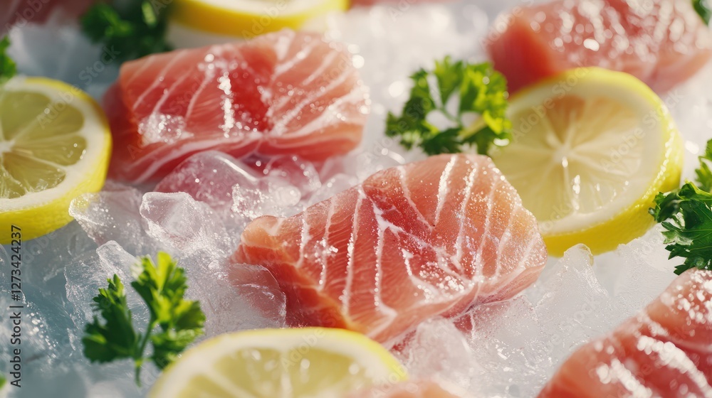 Fresh Salmon Sashimi on Ice with Lemon and Parsley Fresh Salmon Sashimi on Ice with Lemon and Parsley