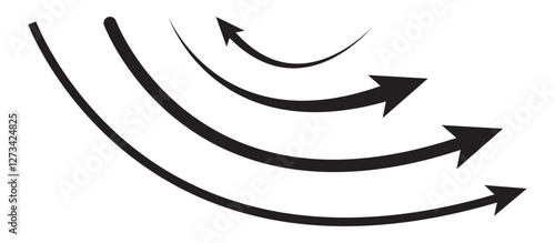 Curved arrows, hand drawn curved arrows. Black curve arrow icon vector illustration. Long curve arrow icon. Long arrow. Curved arrow icon isolated on white background. Black long curve arrow icon 