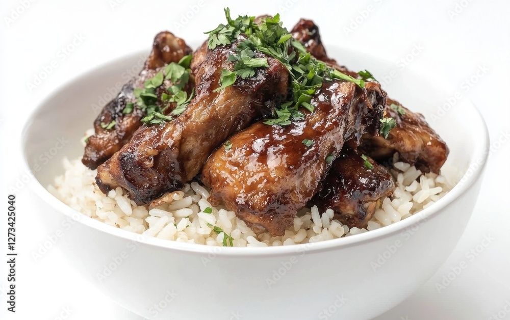 Midair serving of Filipino adobo chicken with garlic rice, isolated on a white background Midair serving of Filipino adobo chicken with garlic rice, isolated on a white background