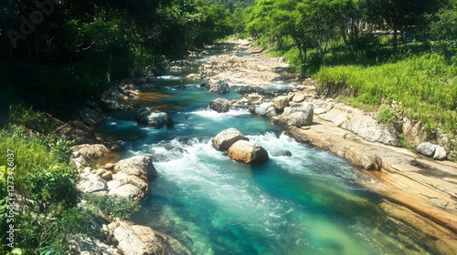 
An enchanted forest at dusk, a river flowing through the landscape, the horizon glowing with a stunning sunset, a castle silhouetted against the colorful sky, ultra-realistic