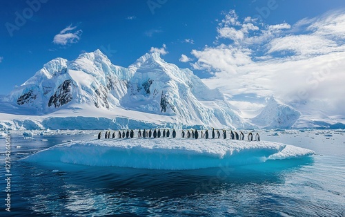 A floating ice shelf in Antarctica with a group of penguins waddling across photo