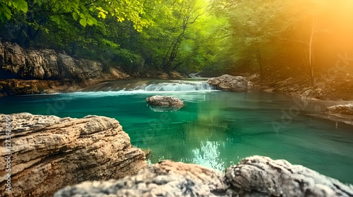 
An enchanted forest at dusk, a river flowing through the landscape, the horizon glowing with a stunning sunset, a castle silhouetted against the colorful sky, ultra-realistic