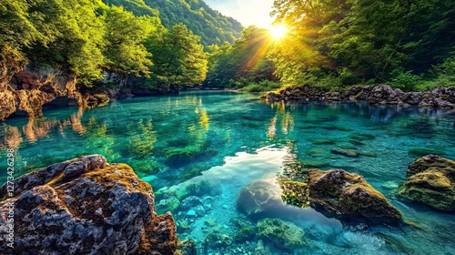 
An enchanted forest at dusk, a river flowing through the landscape, the horizon glowing with a stunning sunset, a castle silhouetted against the colorful sky, ultra-realistic