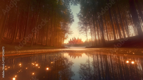 
An enchanted forest at dusk, a river flowing through the landscape, the horizon glowing with a stunning sunset, a castle silhouetted against the colorful sky, ultra-realistic