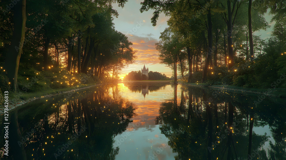 Obraz premium An enchanted forest at dusk, a river flowing through the landscape, the horizon glowing with a stunning sunset, a castle silhouetted against the colorful sky, ultra-realistic