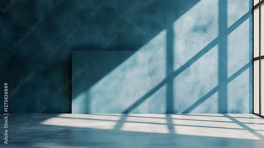 Obraz premium Shadow falls on a wall of blue, interior, with light coming from the window, creates a strong visual effect